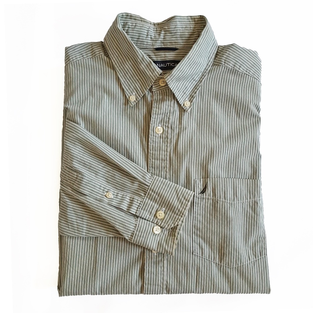 Nautica Mens Cotton Dress Shirt Striped M Green